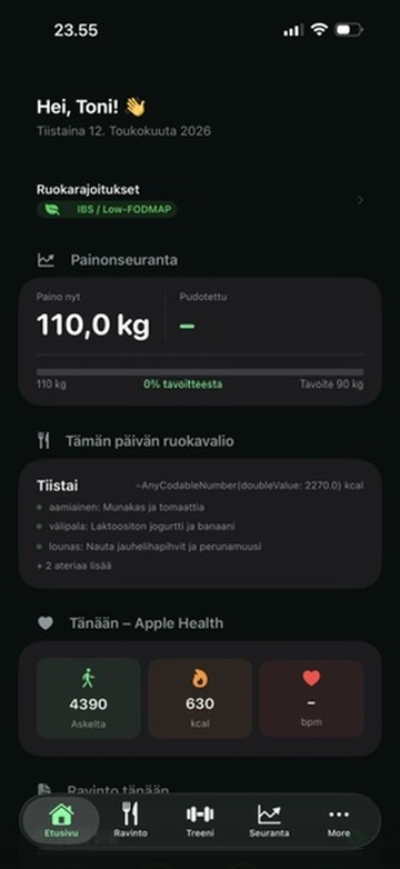 Vire etusivu — päivän makrot, valmius-score ja treenistatus