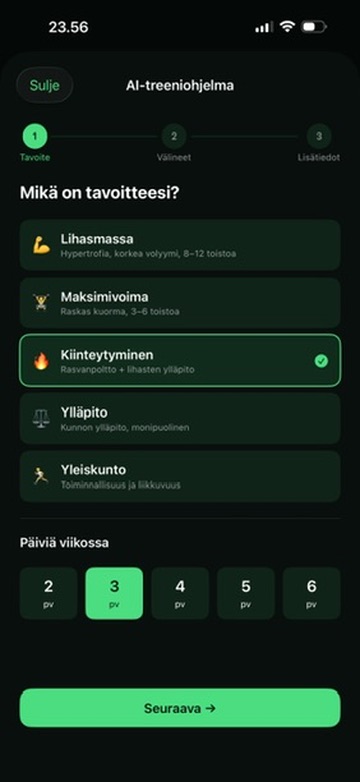 AI-treeniohjelma — personoitu ohjelma minuuteissa