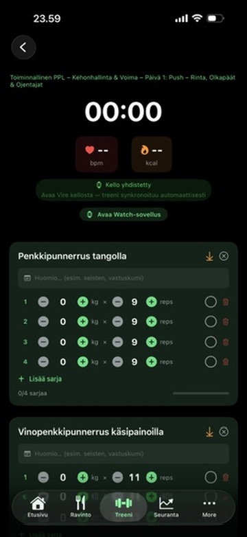 Live-treeni — sarjat, toistot, paino ja syke reaaliajassa